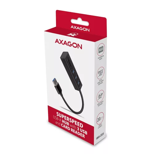 HMA-CR3A többportos hub 3x USB-A + SD/MicroSD, USB3.2 Gen 1 hub, fém, 20 cm-es USB-A kábel