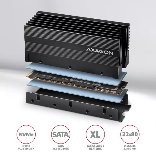 Clr-m2xl alumínium passzív hűtő m.2 SSD meghajtókhoz, alumínium ház, szilikon hővezető párnák, magasság 36 mm