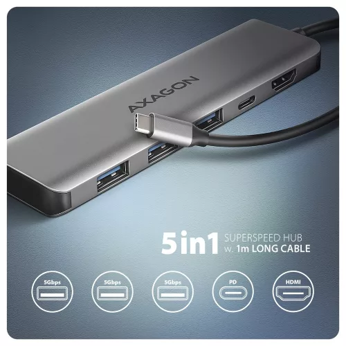 HMC-5H multiportos USB hub 5 az 1-ben, 5 Gbps, 3x USB-A, HDMI 4k/30Hz, PD 100W, 100cm USB-C kábel