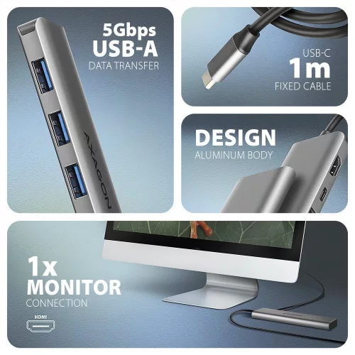 HMC-5H multiportos USB hub 5 az 1-ben, 5 Gbps, 3x USB-A, HDMI 4k/30Hz, PD 100W, 100cm USB-C kábel