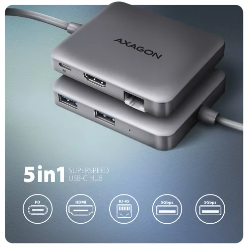 HMC-5HL multiportos USB hub 5 az 1-ben, 5 Gbps, 2x USB-A, HDMI 4k/60Hz, Glan, PD 100W, 15 cm-es USB-C kábel
