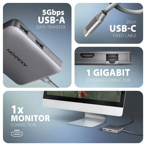 HMC-5HL multiportos USB hub 5 az 1-ben, 5 Gbps, 2x USB-A, HDMI 4k/60Hz, Glan, PD 100W, 15 cm-es USB-C kábel