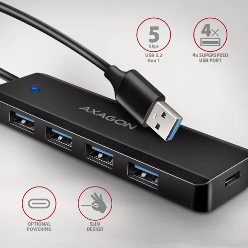 Hue-c1a 4 portos 5 Gbps sebességű utazó USB hub, USB-C tápbemenet, 19 cm-es A típusú kábel, USB-C kiegészítő tápellátás