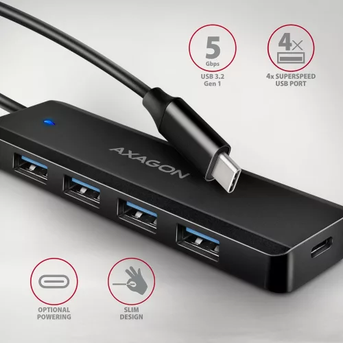 Hue-c1c 4 portos 5 Gbps utazó USB hub, USB-C tápbemenet, 19 cm-es C típusú kábel, USB-C kiegészítő tápellátás