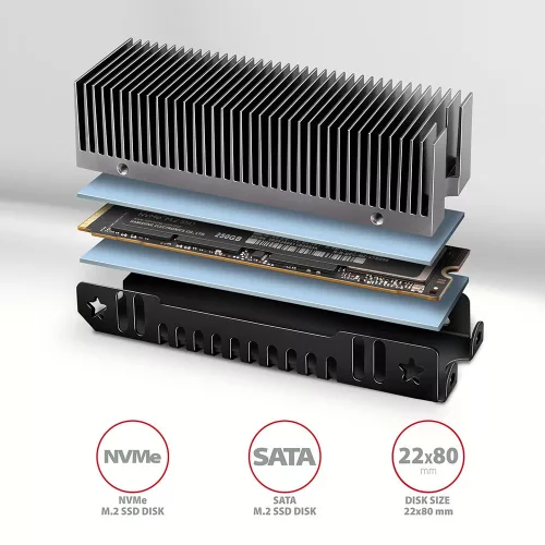 Clr-m2xt alumínium passzív hűtő M.2 SSD meghajtókhoz, alumínium ház, szilikon hővezető párnák, 24 mm magasság