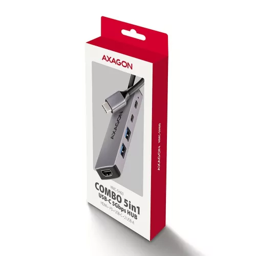 HMC-5H60 multiportos USB hub 5 az 1-ben, 5Gbps, 2x USB-A, HDMI 4K/60Hz, 1x USB-C, PD 100W, 15cm USB-C kábel