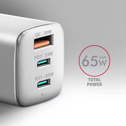 Acu-dpq65w gan 65w fali töltő, 3x port (usb-a + dupla usb-c) PD3.0/qc4+/pps/apple, fehér