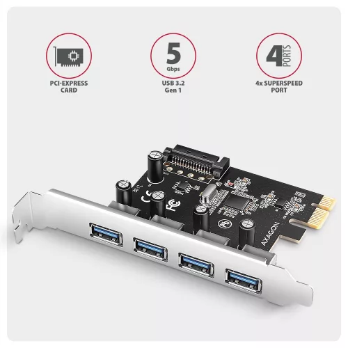PCEU-430RS PCIe vezérlő 4x portos USB 3.2 Gen 1, UASP, Renesas chipset, 15 tűs SATA tápegység