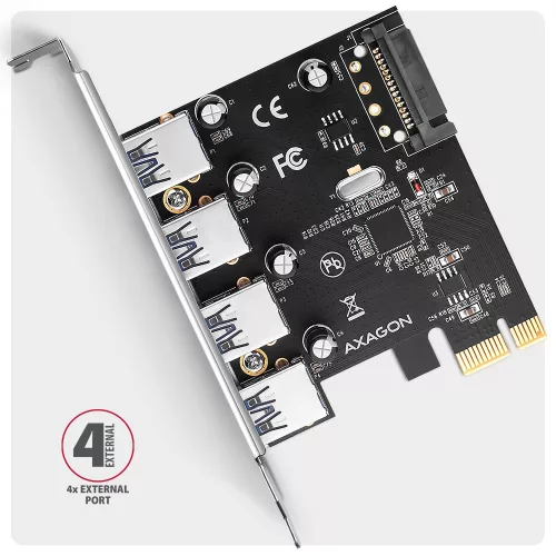 PCEU-430RS PCIe vezérlő 4x portos USB 3.2 Gen 1, UASP, Renesas chipset, 15 tűs SATA tápegység