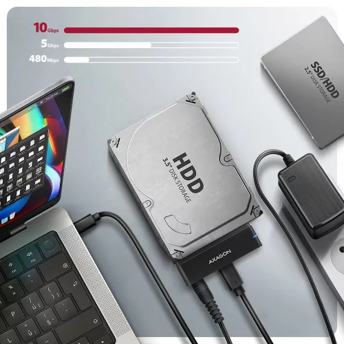 ADSA-FPX adapter USB-C 10Gbps SATA 6G 2.5/3.5 hüvelykes SSD/HDD FastPort X, hálózati adapterrel, 60 cm-es USB-C/USB-A kábellel