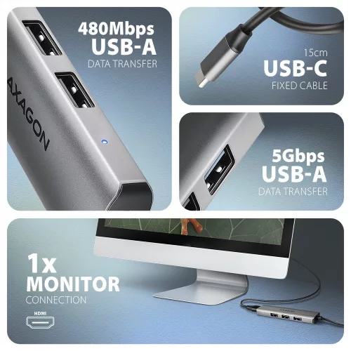 HMC-H3A multiportos USB hub 4 az 1-ben, 5 Gbps, 3x USB-A (2x USB2.0, 1x USB3.0) + HDMI 4k/30Hz, fém, 15 cm-es USB-C kábel