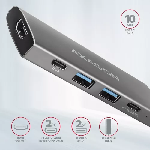 HMC-5G21 többportos USB hub 5 az 1-ben, 10Gbps, 2x USB-A + 2x USB-C + HDMI 4k/30Hz, PD 60W, 13cm USB-C kábel