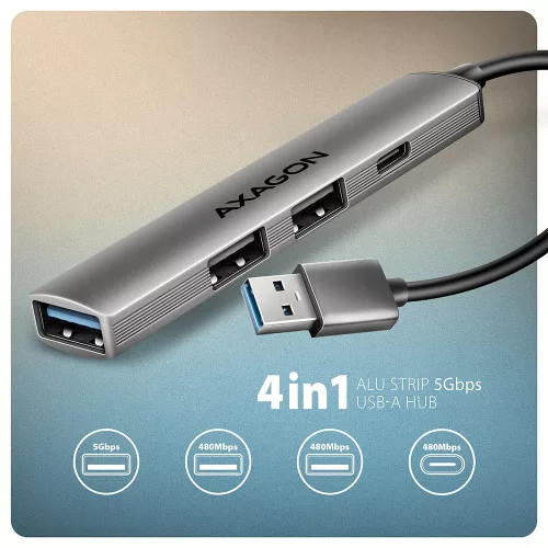 Hue-sta 4 portos hub 1x USB-A 5Gbps, 2x USB2.0 + 1x USB-C 2.0, 12 cm-es USB-A kábel