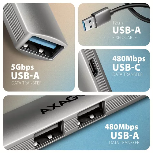 Hue-sta 4 portos hub 1x USB-A 5Gbps, 2x USB2.0 + 1x USB-C 2.0, 12 cm-es USB-A kábel