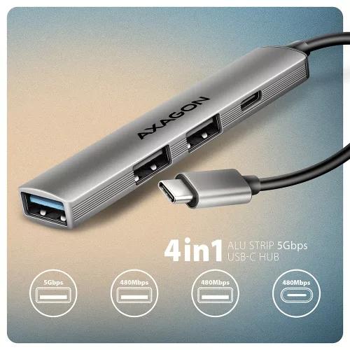 Hue-stc 4 portos elosztó 1x USB-A 5Gbps, 2x USB2.0 + 1x USB-C 2.0, 12 cm-es USB-C kábel