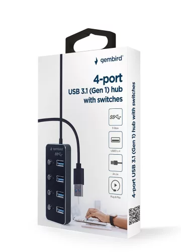 4 portos USB 3.1 (1. generációs) hub kapcsolókkal, fekete színben