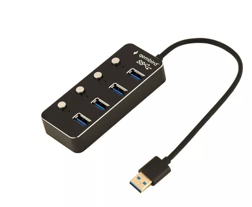 4 portos USB 3.1 (1. generációs) hub kapcsolókkal, fekete színben