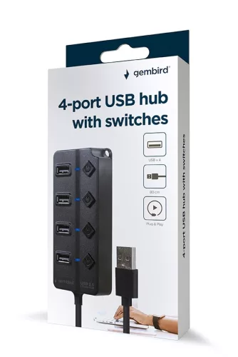 4 portos USB 2.0 hub kapcsolókkal, fekete
