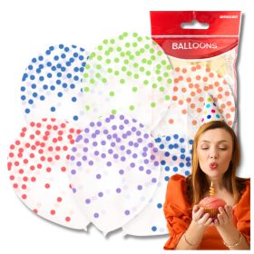   Nagy átlátszó lufik színes pöttyökkel, 6 darab, átlátszó