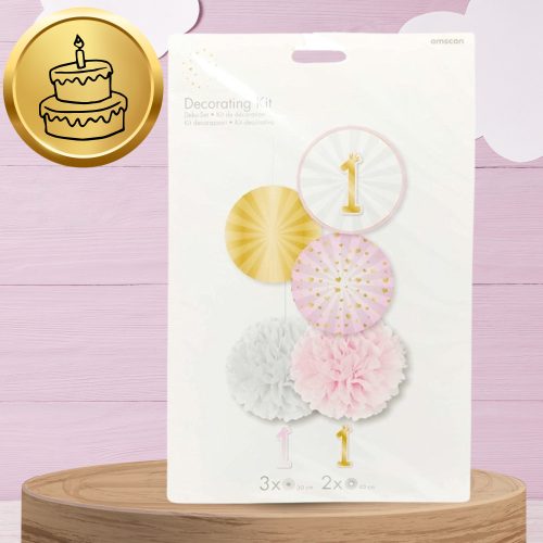 Dekorációs szett kislány első születésnapjára, 5 darabos, rózsaszín