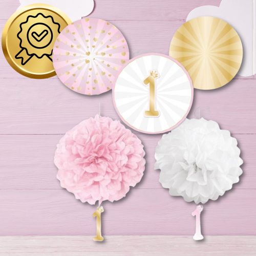 Dekorációs szett kislány első születésnapjára, 5 darabos, rózsaszín