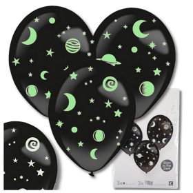   3 db fekete latex felfújható lufi + fluoreszkáló csillag matricák születésnapra