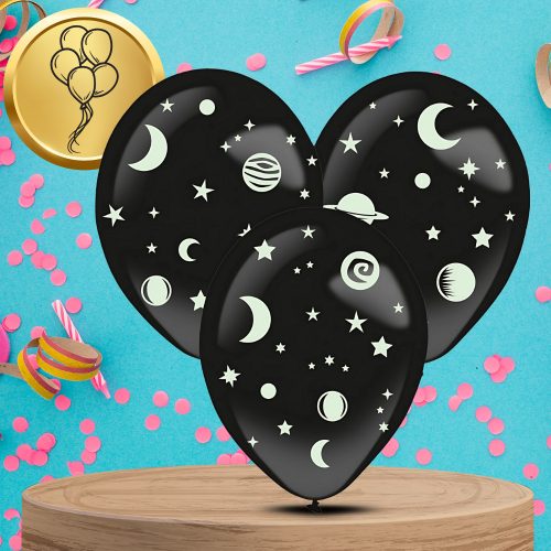 3 db fekete latex felfújható lufi + fluoreszkáló csillag matricák születésnapra