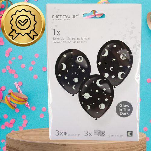 3 db fekete latex felfújható lufi + fluoreszkáló csillag matricák születésnapra