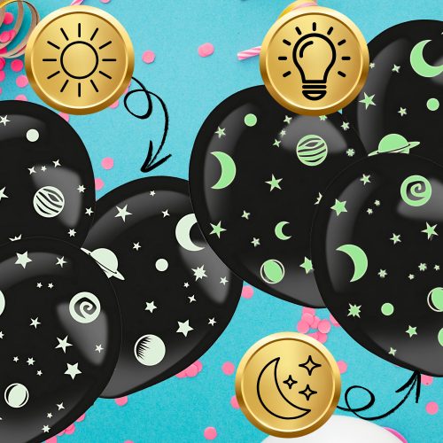 3 db fekete latex felfújható lufi + fluoreszkáló csillag matricák születésnapra