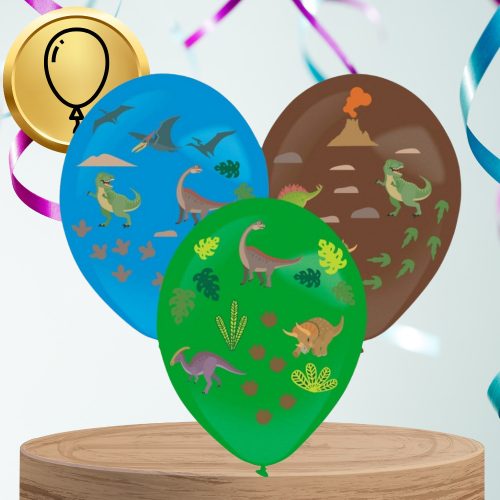 Nagy színes lufik dinoszaurusz matricákkal, 3 db, 35 cm, születésnapra