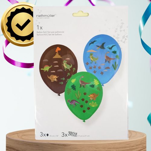 Nagy színes lufik dinoszaurusz matricákkal, 3 db, 35 cm, születésnapra