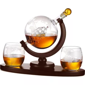 Gravírozott Whiskey Decanter Globe Adagoló + 2 Pohár