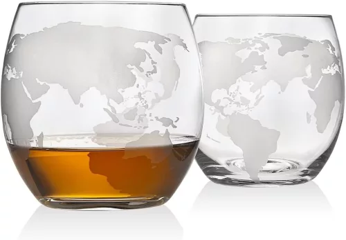 Gravírozott Whiskey Decanter Globe Adagoló + 2 Pohár