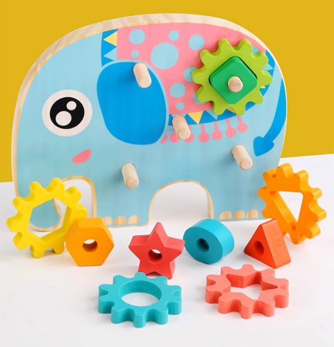Montessori oktatási válogató elefánt fogaskerekek fa kockákkal