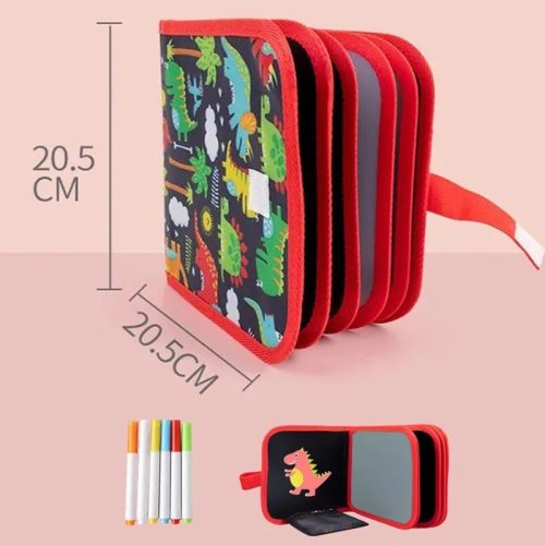 Hordozható krétatábla 10 oldalas füzet formájában 6 db krétafilctoll DINOSZAURUSZOK