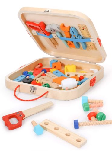 Szerszámkészlet gyerekeknek, XXL fa szerszámosláda, 15 csavar, 4 kerék, 30x30cm