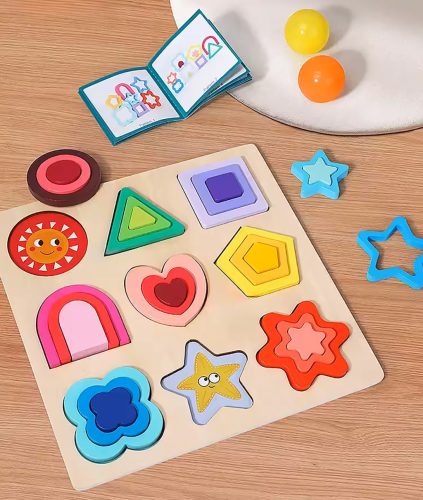 Fa puzzle alakzatok, illeszkedő oktatási Montessori figurák