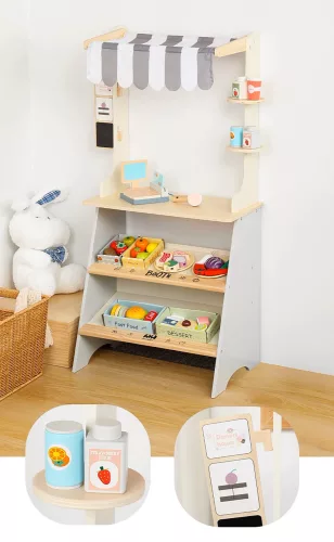 Gyerek zöldséges pult, játék fa szupermarket + kiegészítők