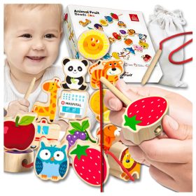   Montessori kockák fűzéséhez való fa gyöngyök 42 darab. Ábécé, állatok, gyümölcsök