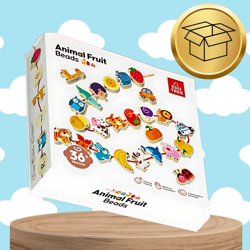 Montessori kockák fűzéséhez való fa gyöngyök 42 darab. Ábécé, állatok, gyümölcsök