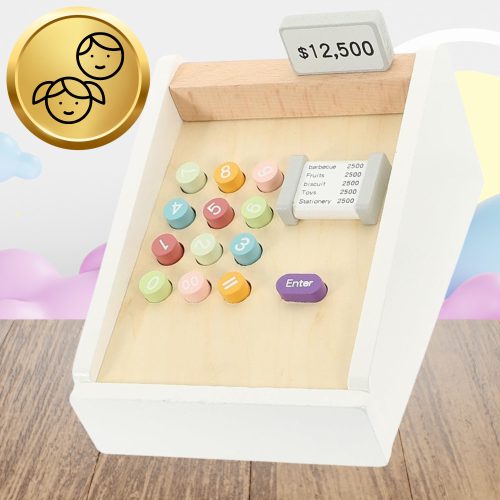 Fából készült pénztárgép gyerekeknek pénzzel, kártyaolvasóval, oktatójátékkal