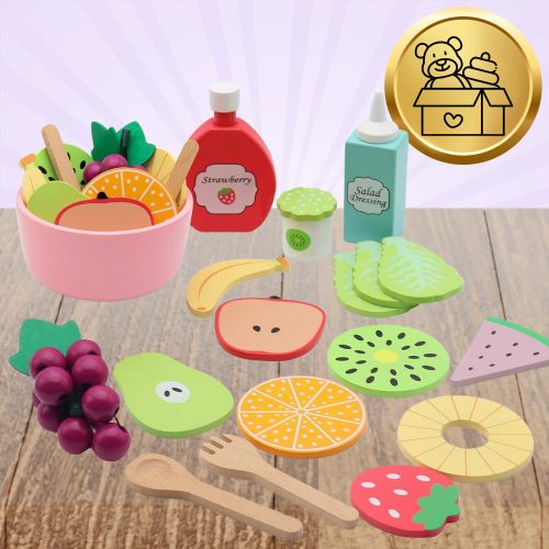 Fából készült játék gyümölcskészlet, gyermekjáték gyümölcssaláta készítéséhez