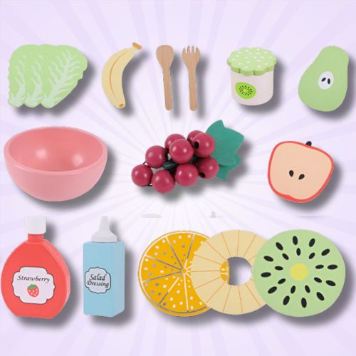 Fából készült játék gyümölcskészlet, gyermekjáték gyümölcssaláta készítéséhez