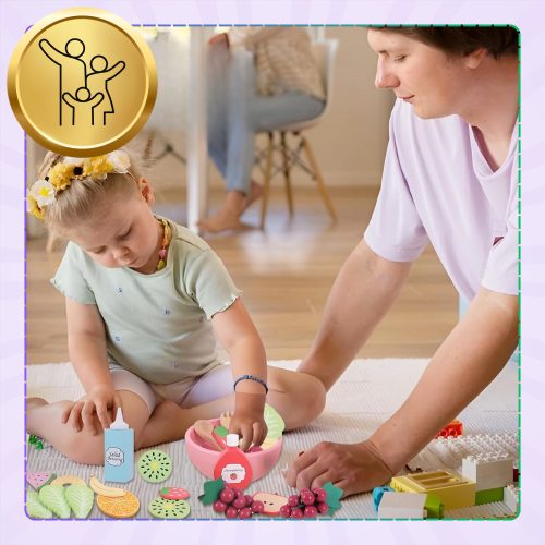 Fából készült játék gyümölcskészlet, gyermekjáték gyümölcssaláta készítéséhez