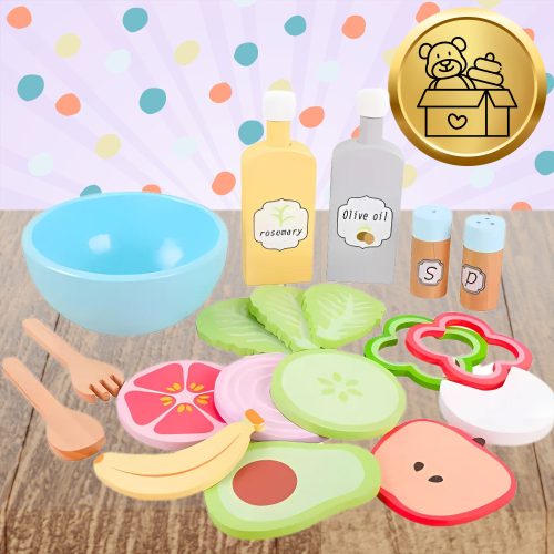 Gyerekek fa zöldséges salátástál öntetekkel