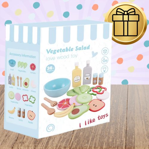 Gyerekek fa zöldséges salátástál öntetekkel