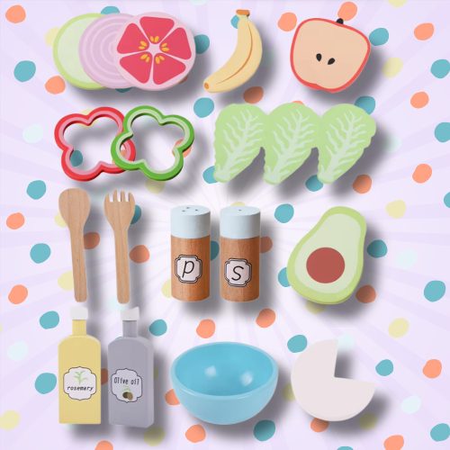 Gyerekek fa zöldséges salátástál öntetekkel