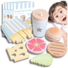   Fából készült nagy hamburgerkészlet gyerekeknek oktató játék sült krumpli ital