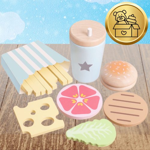 Fából készült nagy hamburgerkészlet gyerekeknek oktató játék sült krumpli ital