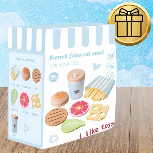 Fából készült nagy hamburgerkészlet gyerekeknek oktató játék sült krumpli ital